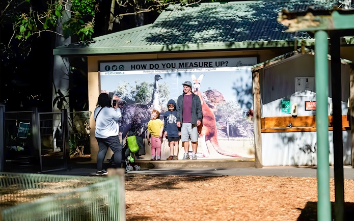Visitors posing for a photo at Featherdale Wildlife Park's height chart display.