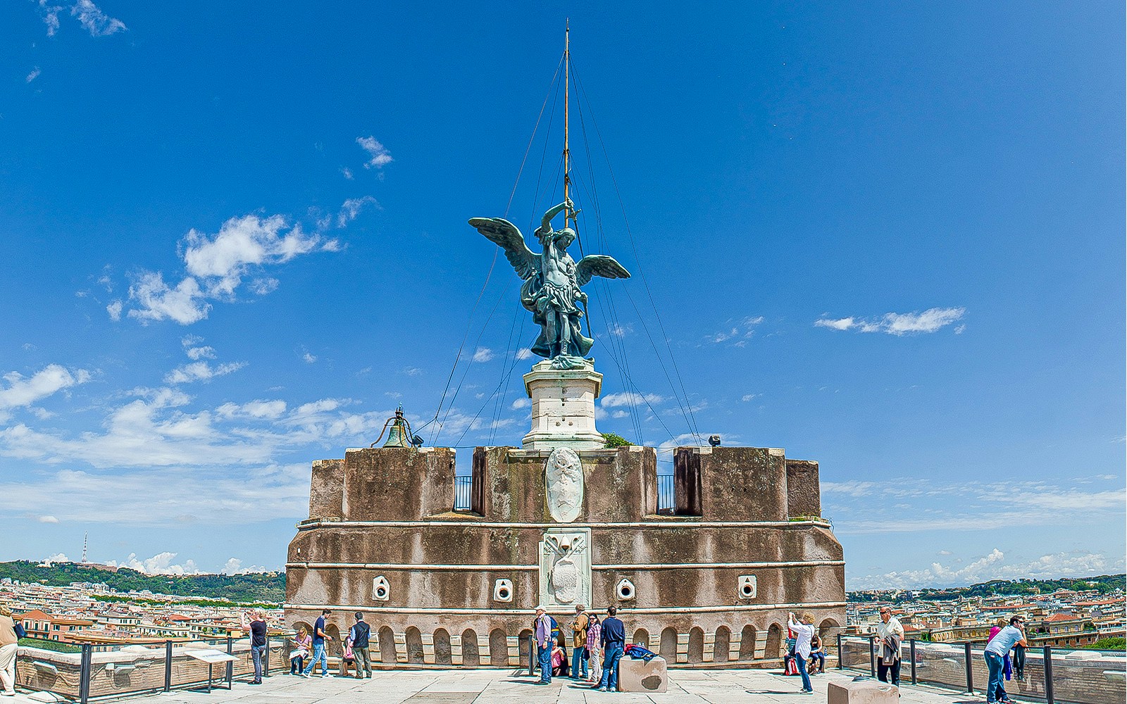 Terrace view of Castel Sant'Angelo with angel statue, Rome.