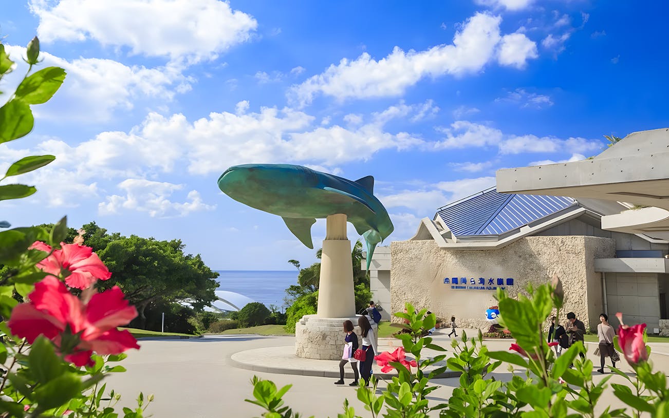 Entrance to Okinawa Churaumi Aquarium with whale shark statue and visitors.