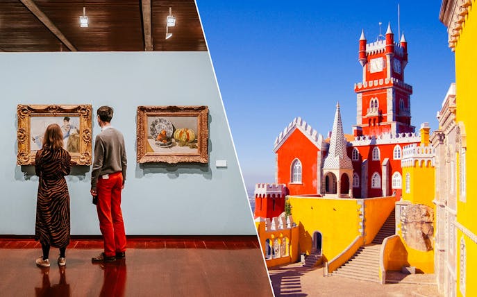 Visitors viewing art at Calouste Gulbenkian Museum and exterior of colorful Pena Palace, Portugal.