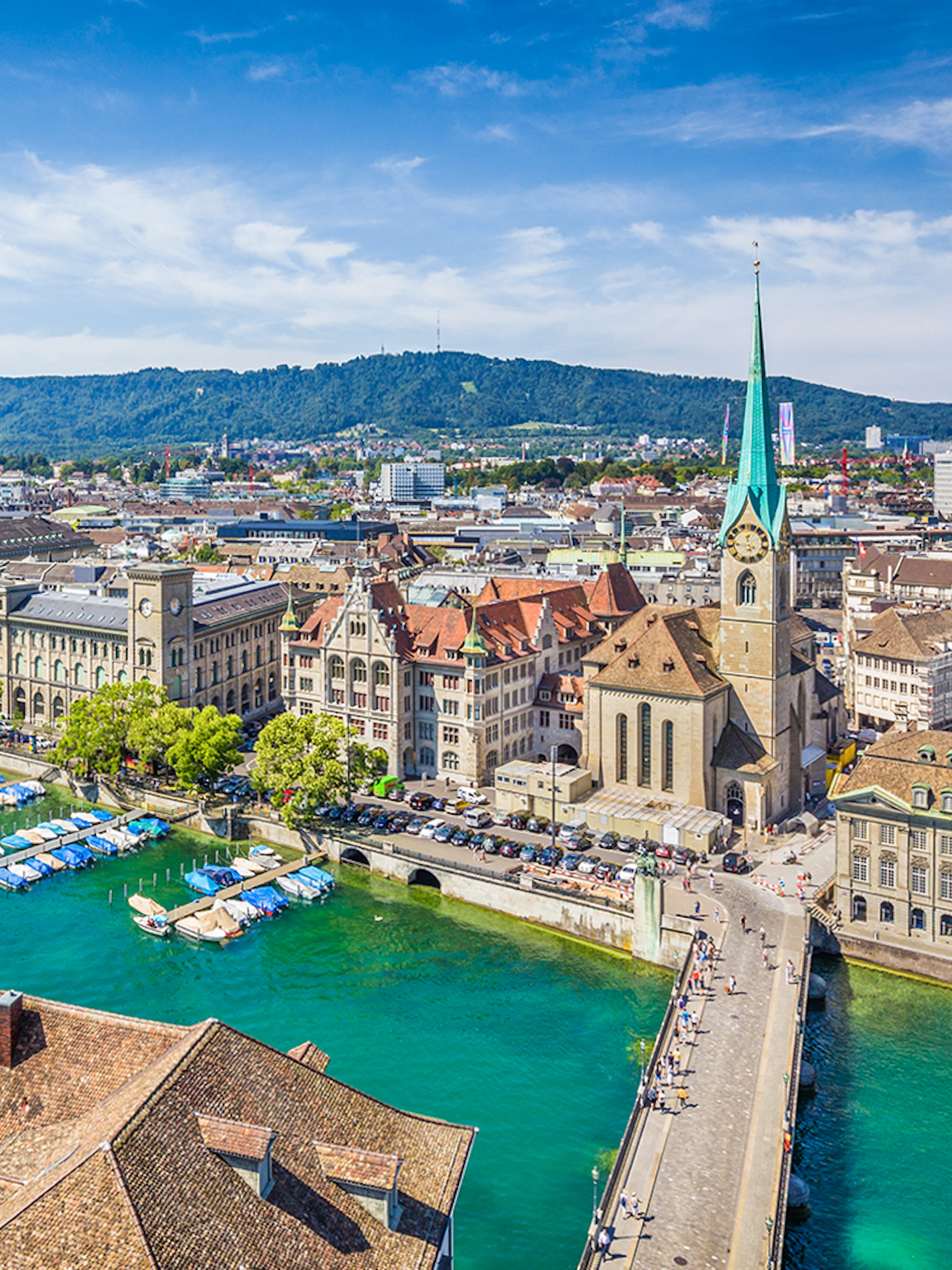 Aerial view of Zürich with Fraumünster Church and Limmat River.