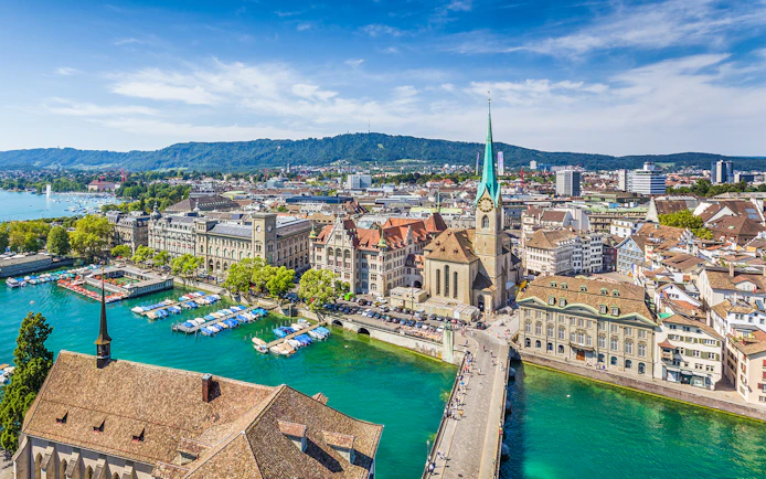 Aerial view of Zürich with Fraumünster Church and Limmat River.