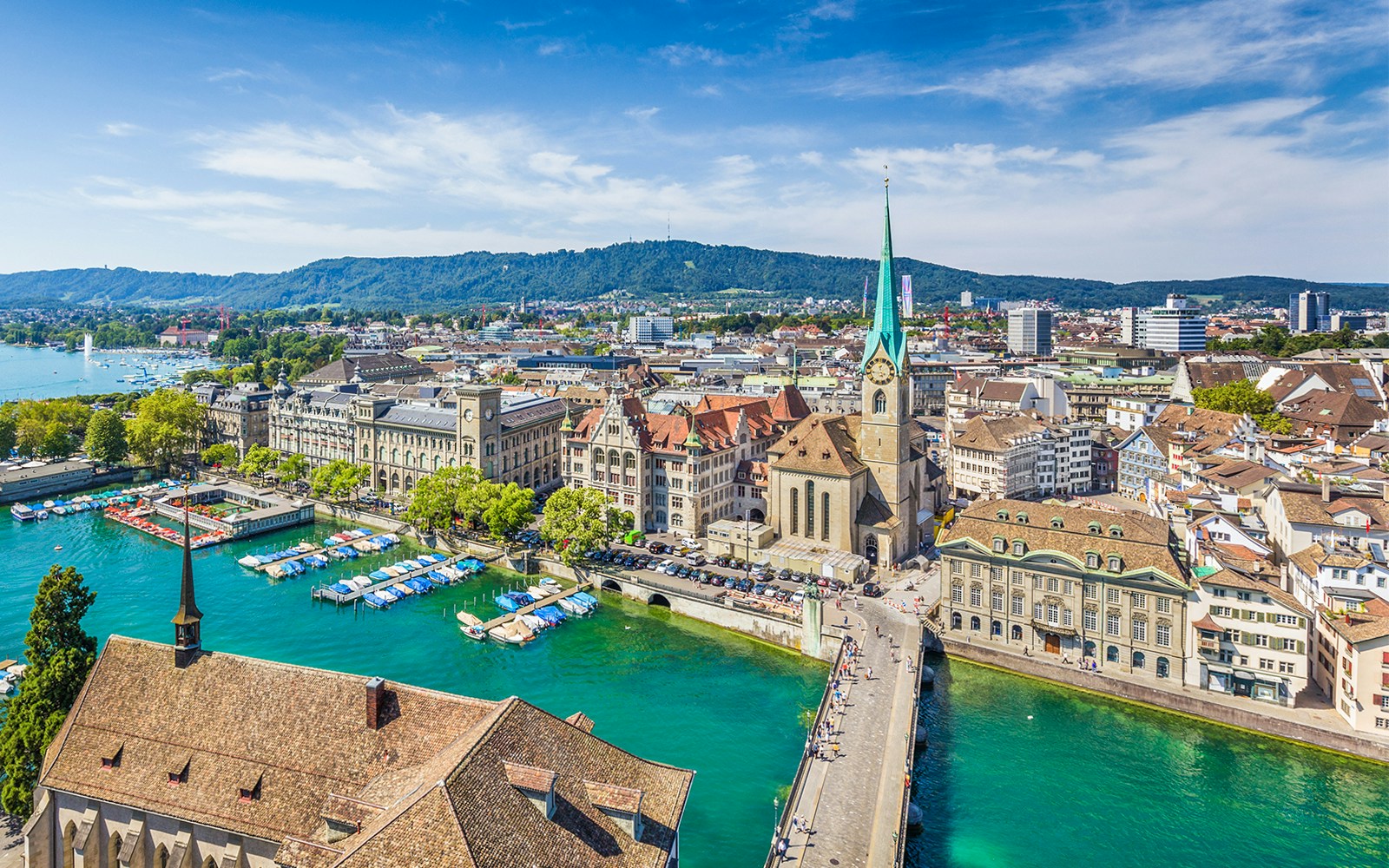 Aerial view of Zürich with Fraumünster Church and Limmat River.