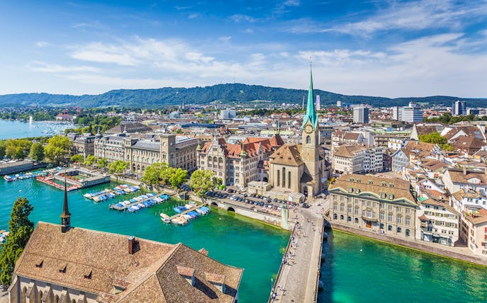 Aerial view of Zürich with Fraumünster Church and Limmat River.