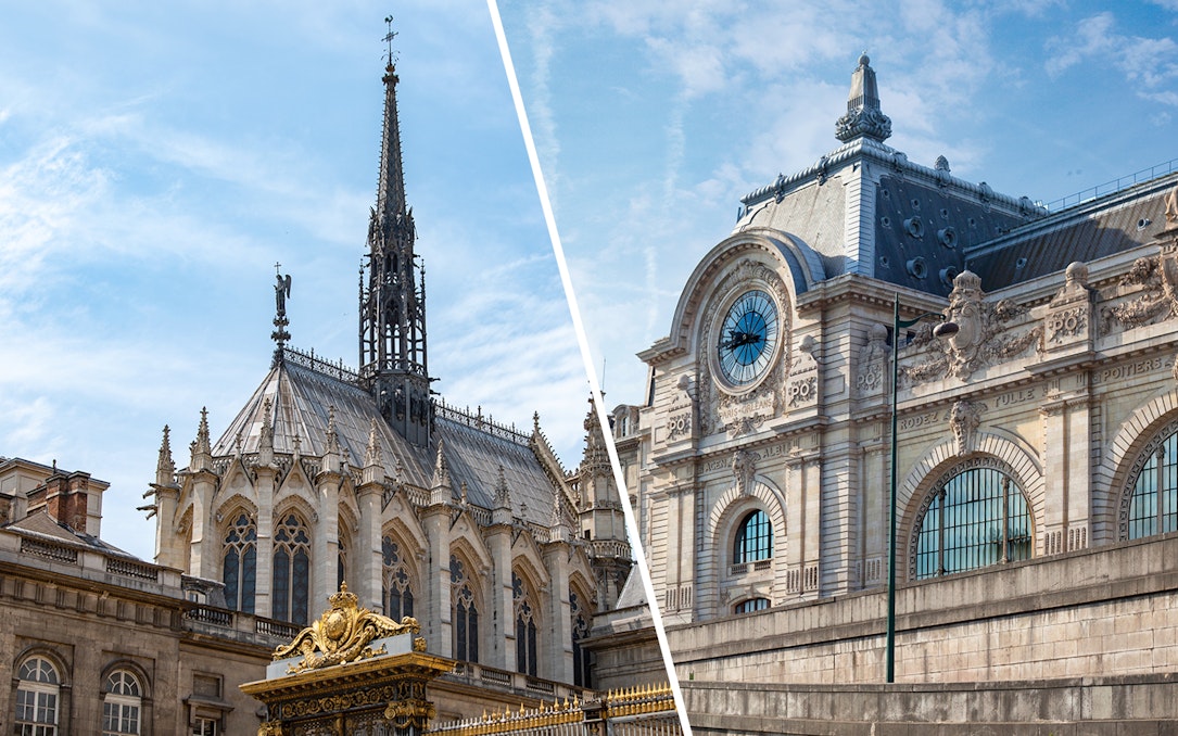Sainte Chapelle spire and Orsay Museum facade in Paris.