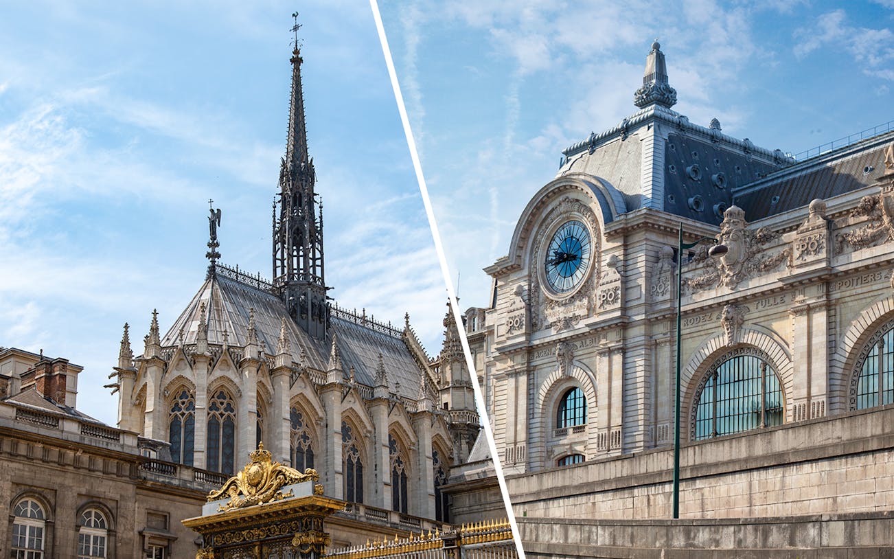 Sainte Chapelle spire and Orsay Museum facade in Paris.
