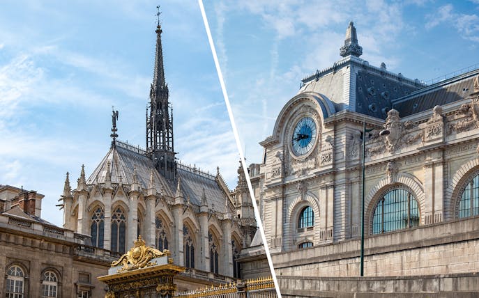 Sainte Chapelle spire and Orsay Museum facade in Paris.