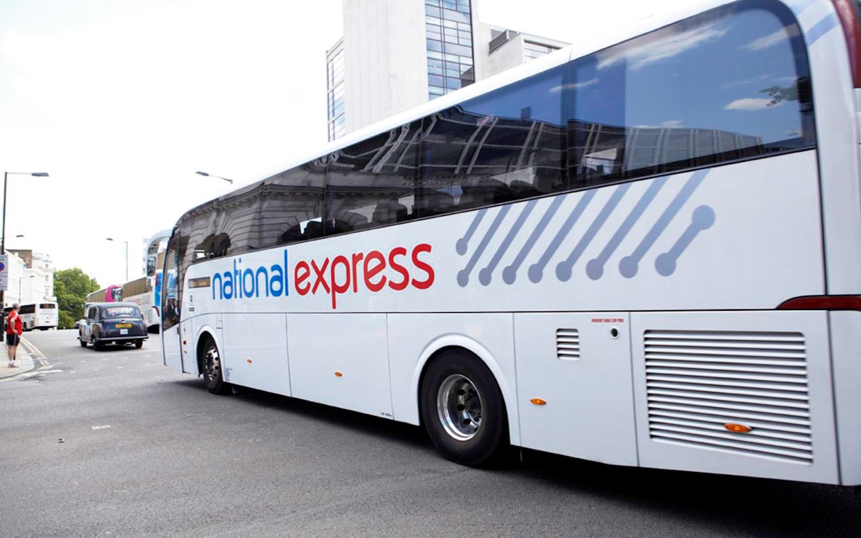 National Express bus for Stansted Airport to Victoria Station route.
