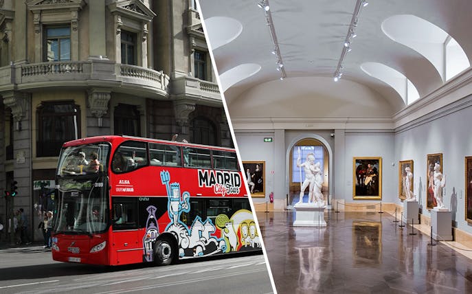 HOHO bus in Madrid and interior of Prado Museum with sculptures and paintings.