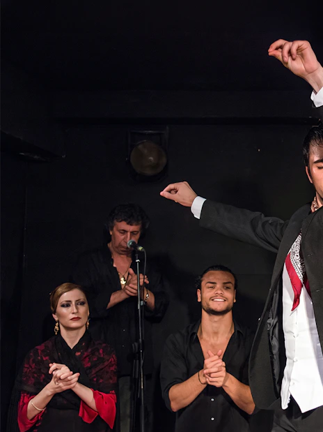 Flamenco dancer performing at Tablao Las Carboneras with musicians in Madrid.