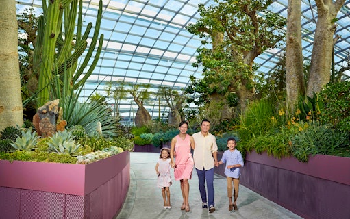 Family walking through Gardens by the Bay conservatory in Singapore.