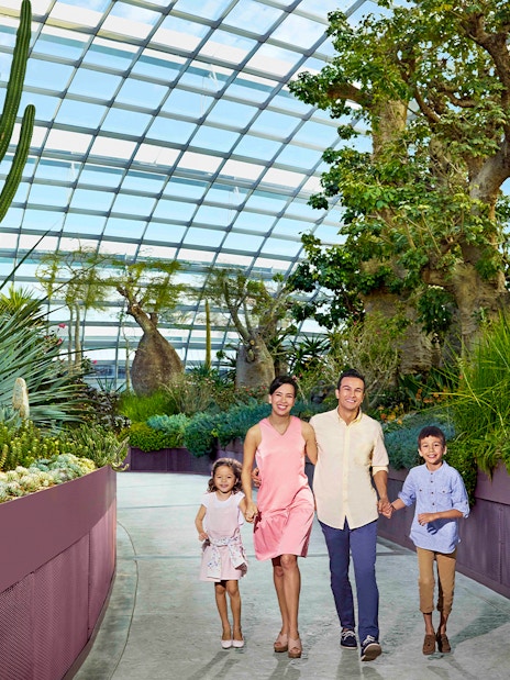 Family walking through Gardens by the Bay conservatory in Singapore.