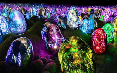 Colorful digital art installations at TeamLab Planets Tokyo with illuminated sculptures.