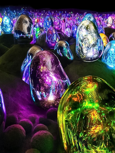 Colorful digital art installations at TeamLab Planets Tokyo with illuminated sculptures.