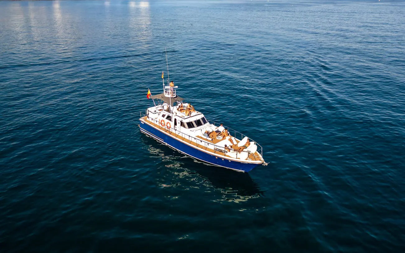 Small-group cruise boat on Benalmádena waters offering dolphin-watching, snorkeling, and paddle surfing.