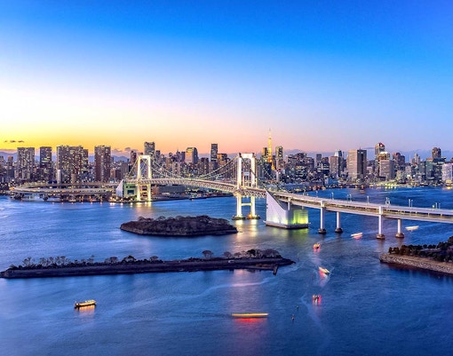 Tokyo Bay with Rainbow Bridge and city skyline at dusk.