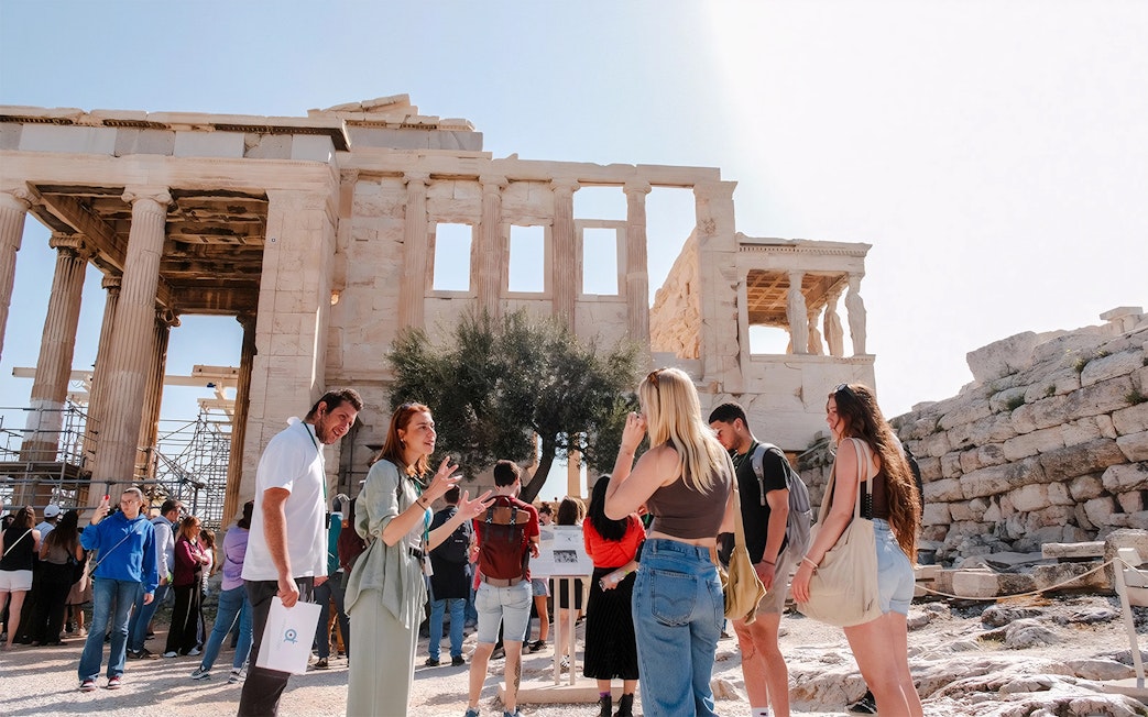 Guided group exploring the Parthenon in Athens, Greece.
