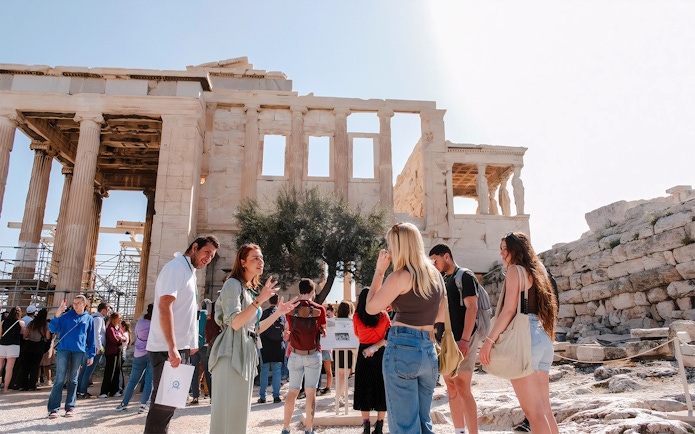 Guided group exploring the Parthenon in Athens, Greece.