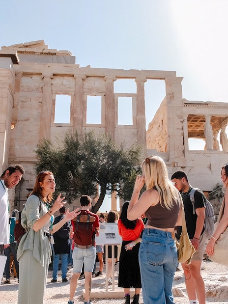 Guided group exploring the Parthenon in Athens, Greece.