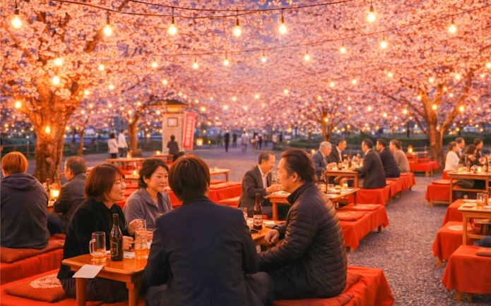 Nighttime Hanami festival gathering under cherry blossoms in Japan.
