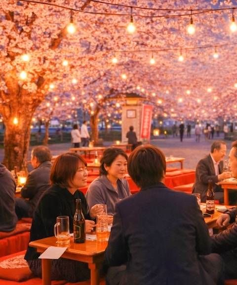 Nighttime Hanami festival gathering under cherry blossoms in Japan.