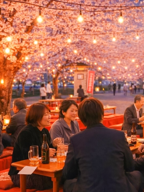 Nighttime Hanami festival gathering under cherry blossoms in Japan.