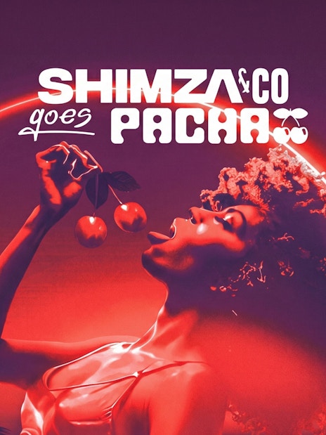 Shimza & Co. event poster with cherries and palm trees, Pacha, Ibiza.