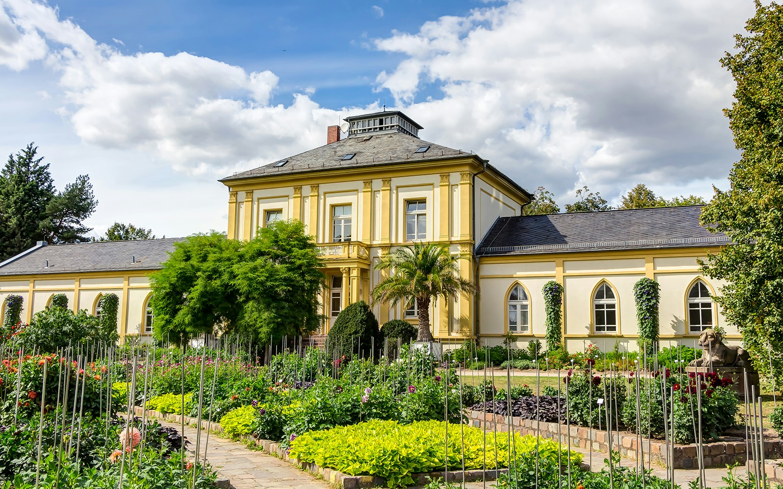 Palmengarten Frankfurt botanical garden with vibrant flower beds and lush greenery.