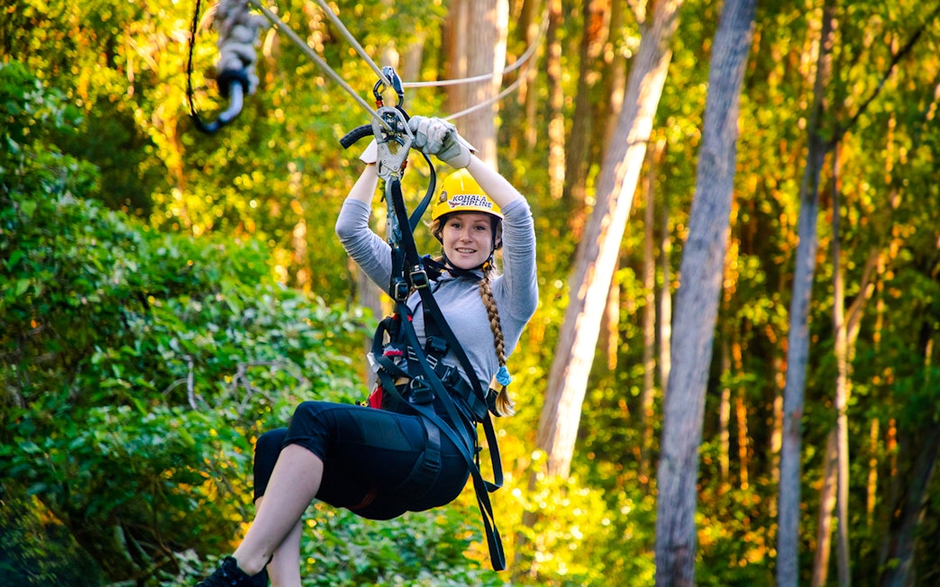 Guest zip lining through forest on Kohala Canopy Adventure.
