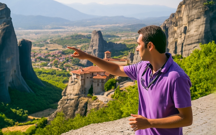 Man pointing towards Meteora rock formations and monastery in Greece.