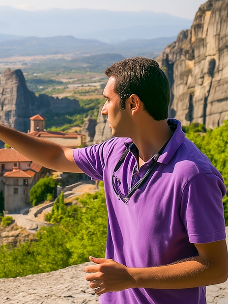 Man pointing towards Meteora rock formations and monastery in Greece.