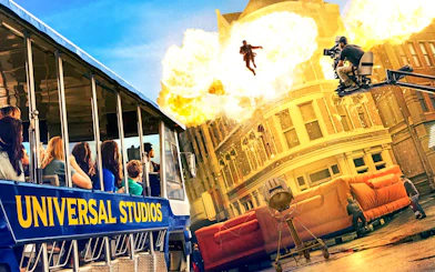 Universal Studios Hollywood tram tour with explosive stunt scene.