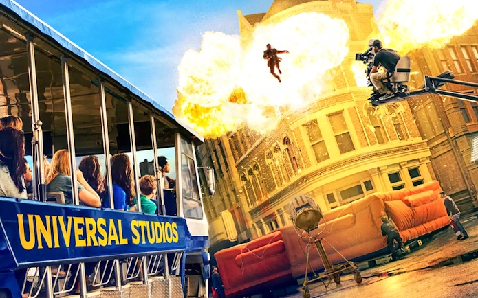 Universal Studios Hollywood tram tour with explosive stunt scene.