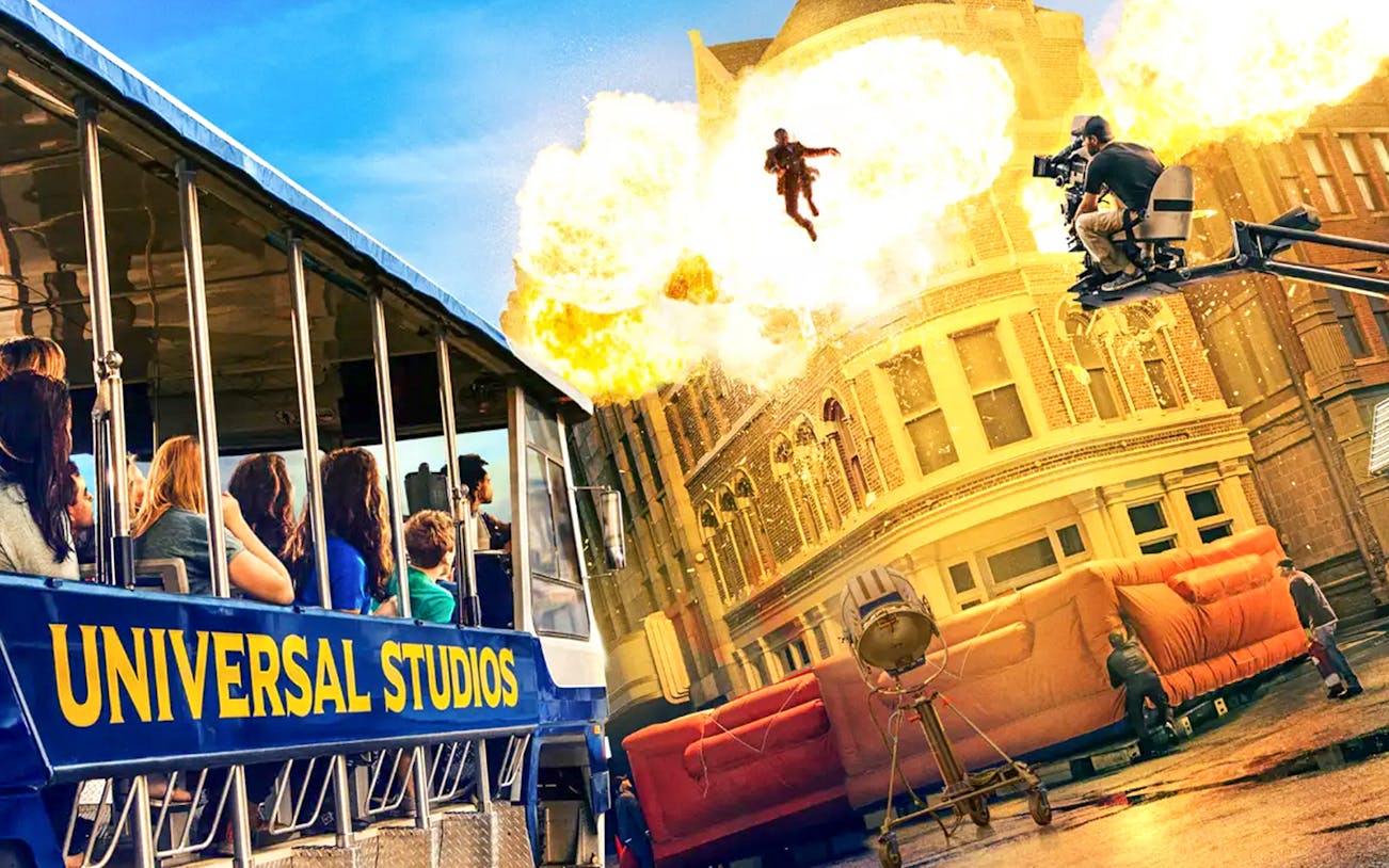 Universal Studios Hollywood tram tour with explosive stunt scene.
