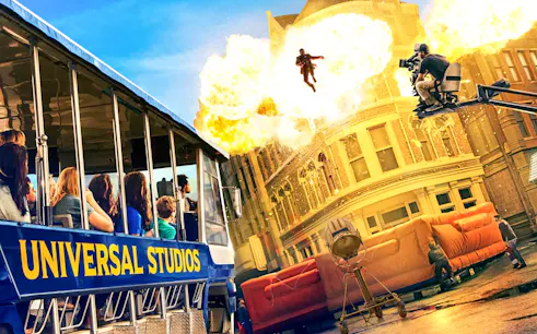 Universal Studios Hollywood tram tour with explosive stunt scene.