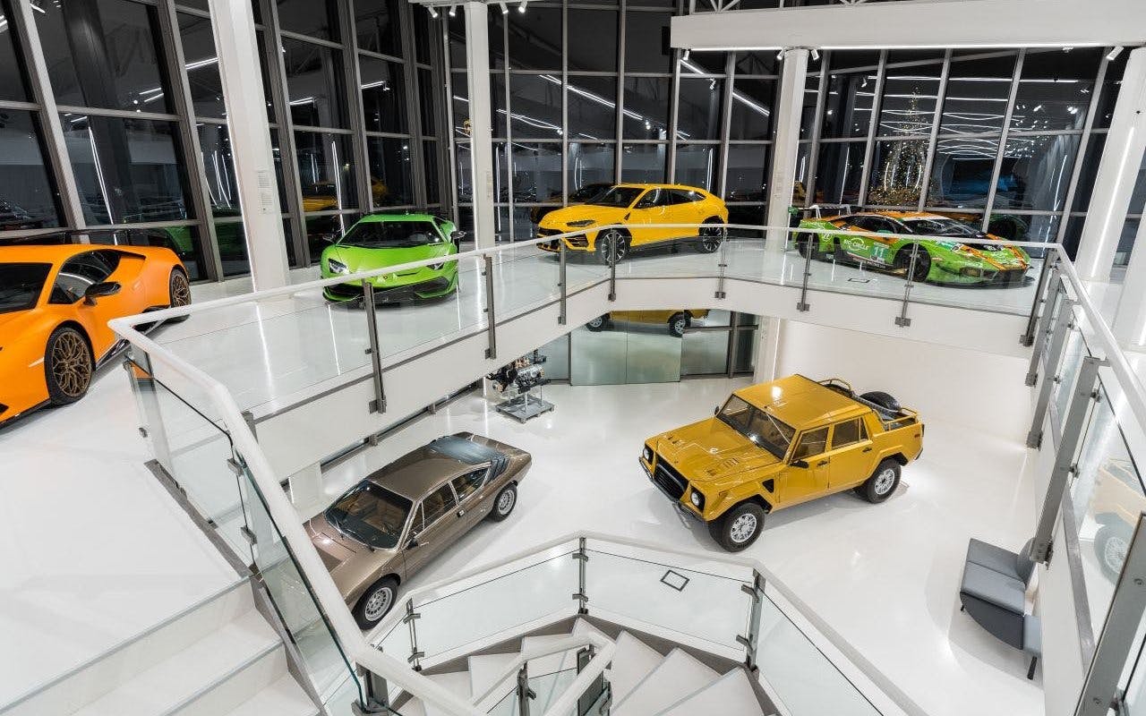 Historic and modern Lamborghini cars displayed at Museo Automobili Lamborghini, Italy.