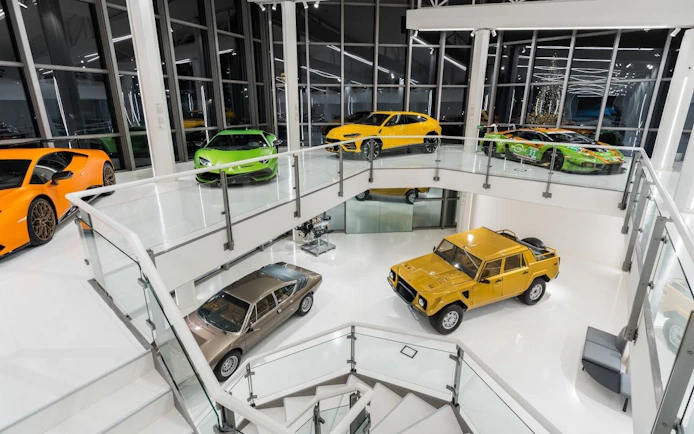 Historic and modern Lamborghini cars displayed at Museo Automobili Lamborghini, Italy.
