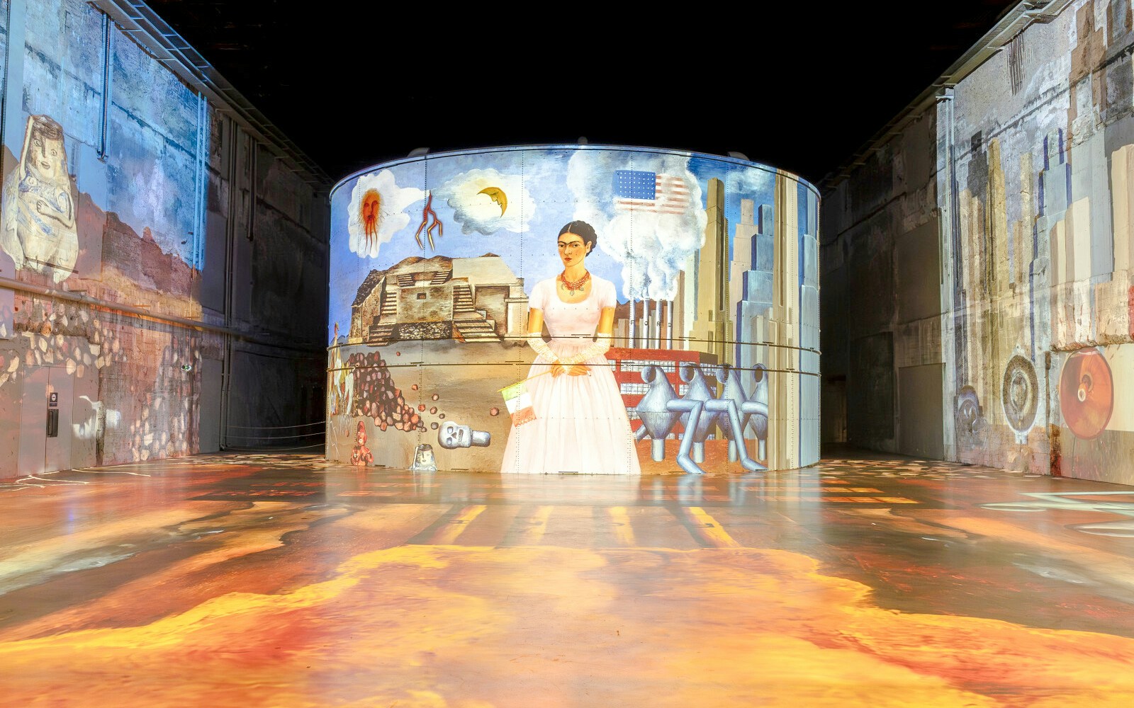Frida Kahlo artwork projected at Bassins Des Lumieres exhibition space.