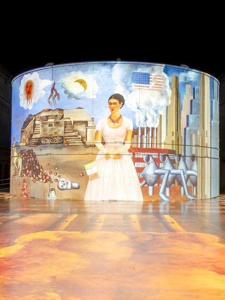 Frida Kahlo artwork projected at Bassins Des Lumieres exhibition space.
