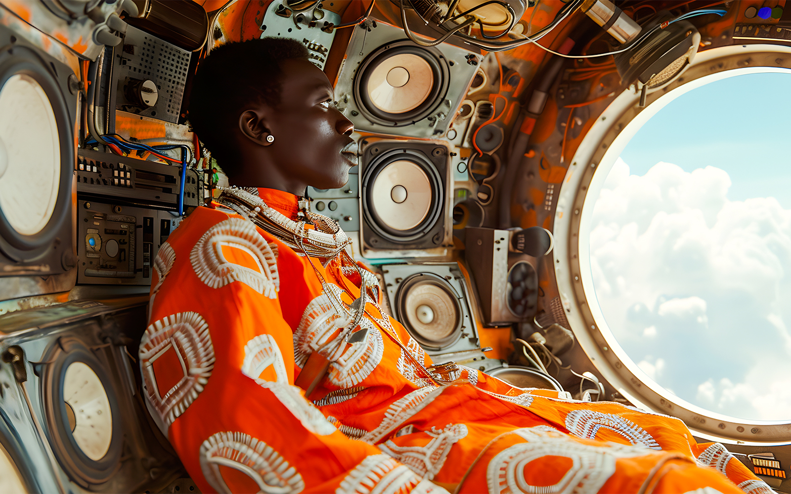 Woman in orange garment gazes out circular window of mechanical structure.
