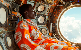 Woman in orange garment gazes out circular window of mechanical structure.