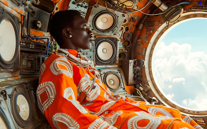 Woman in orange garment gazes out circular window of mechanical structure.