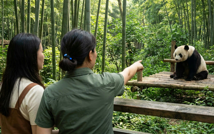 Visitors observing a panda at Chengdu Panda Base amidst bamboo forest.