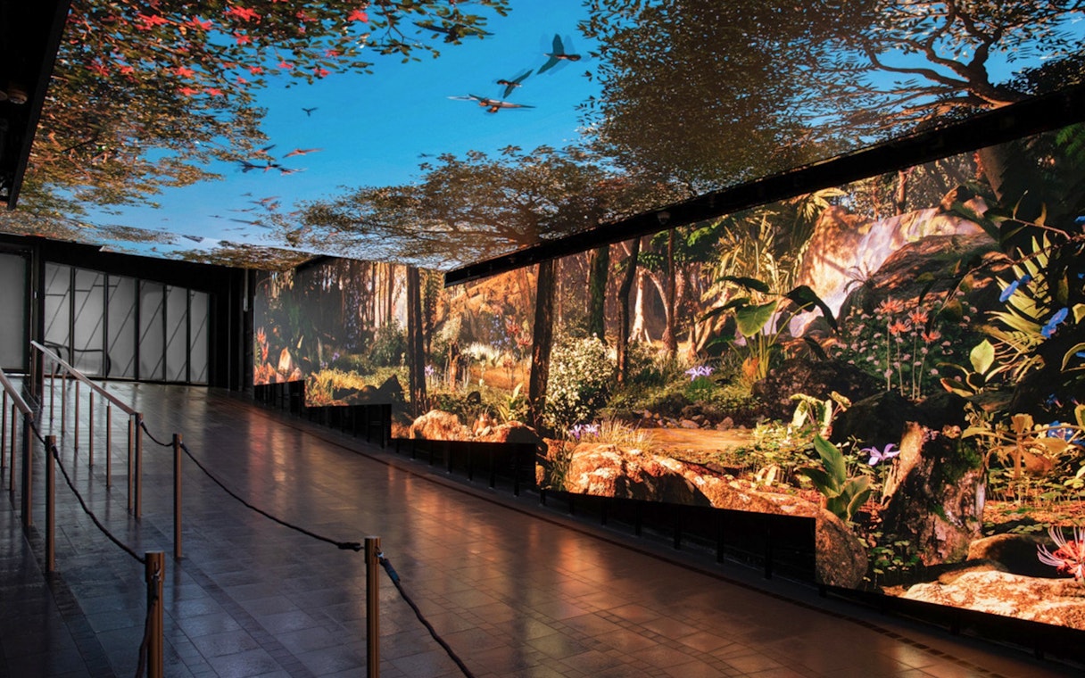 Immersive digital forest display at The Peak Tram Sky Pass, Hong Kong.