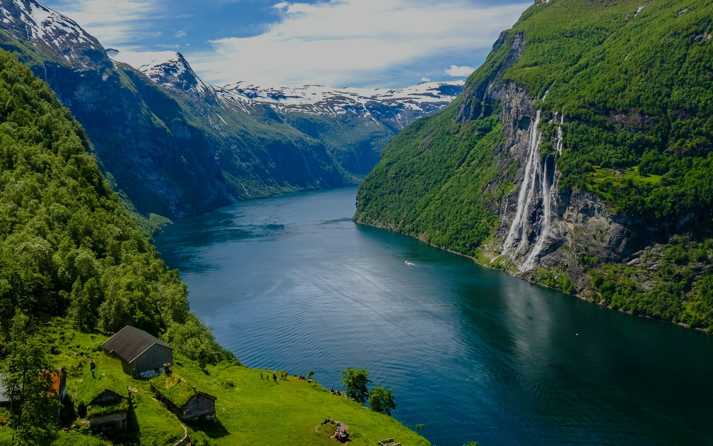 Aerial view of Seven Sisters Waterfall in Geiranger Fjord, Norway.