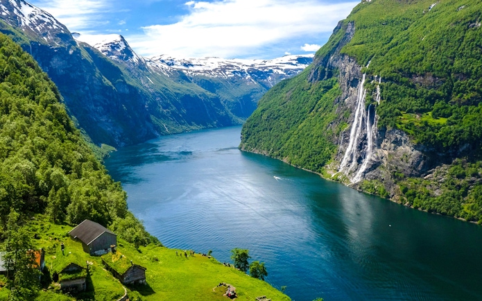 Aerial view of Seven Sisters Waterfall in Geiranger Fjord, Norway.
