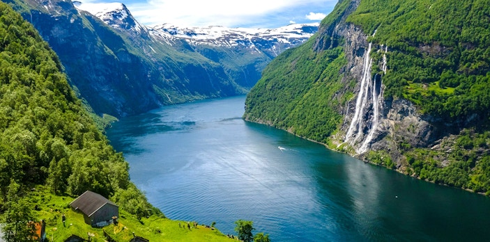 Aerial view of Seven Sisters Waterfall in Geiranger Fjord, Norway.