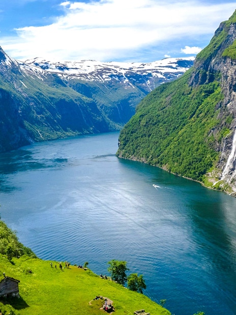 Aerial view of Seven Sisters Waterfall in Geiranger Fjord, Norway.