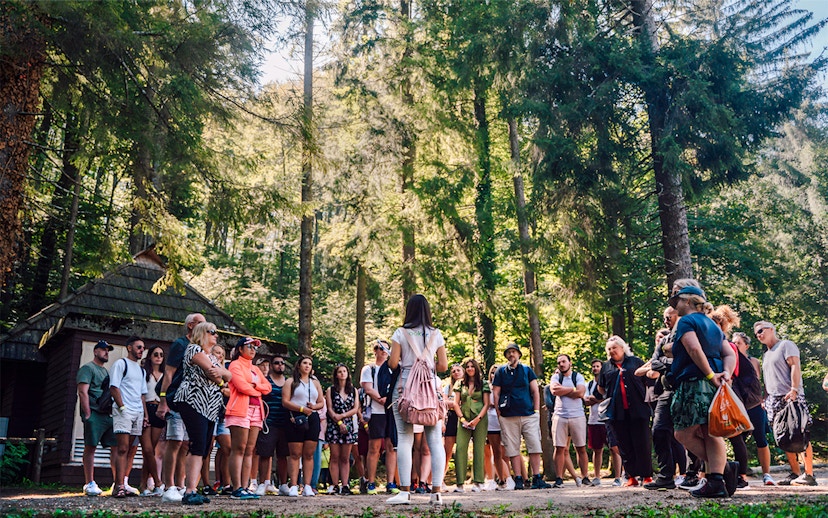 Tour group listening to a guide in Plitvice Lakes National Park forest.