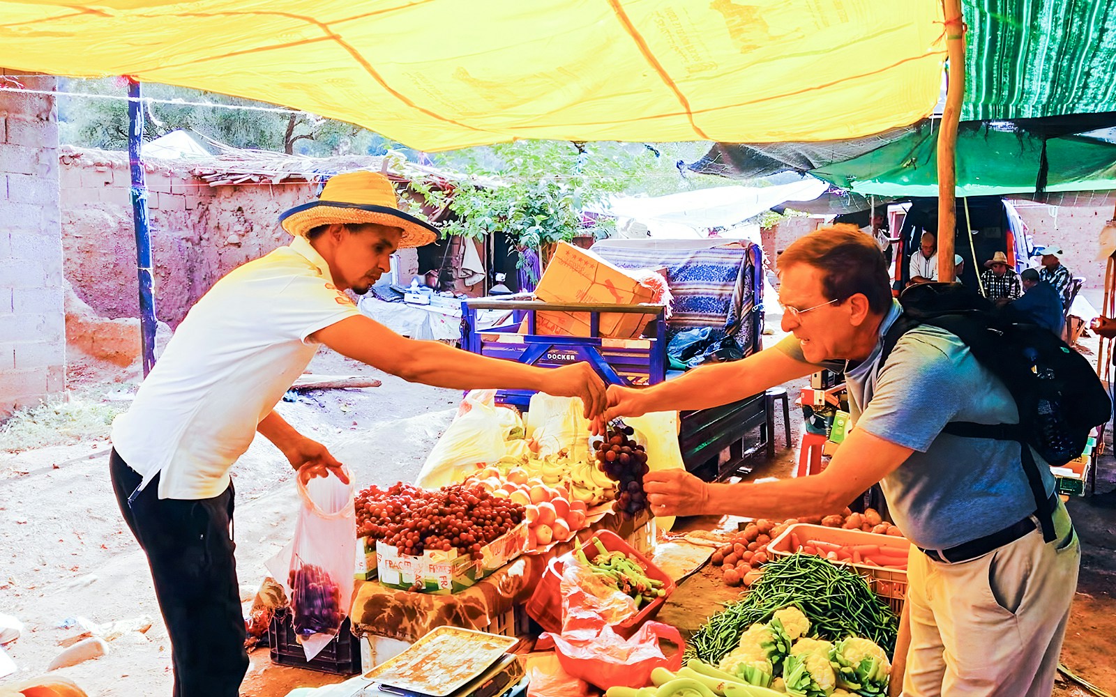 Tourists purchasing vegetables at a market stall in Ourika Valley, Morocco.